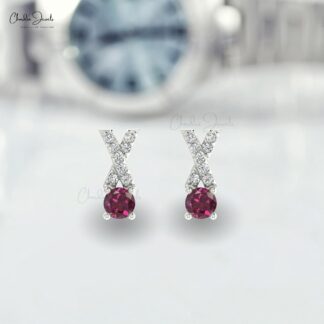 Fine Jewelry 14K Gold Prong Set Rhodolite Garnet & Round Diamond Criss Cross Earring