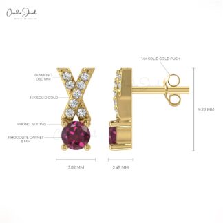 Fine Jewelry 14K Gold Prong Set Rhodolite Garnet & Round Diamond Criss Cross Earring