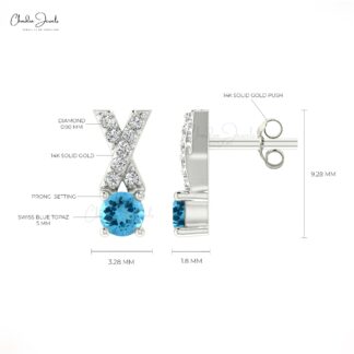 Natural Swiss Blue Topaz Studs Earring In 14k Solid Gold With White Diamond Criss Cross Earring 5mm Round Cut Handmade Gemstone Earring For Women’s