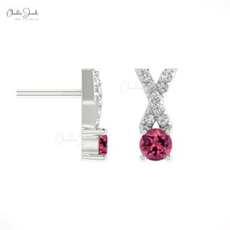 AAA Qaulity Pink Tourmaline Studs Earring In 14k Solid Gold With White Diamond Criss Cross Earring 5mm Round Cut Handmade Gemstone Earring For Women’s