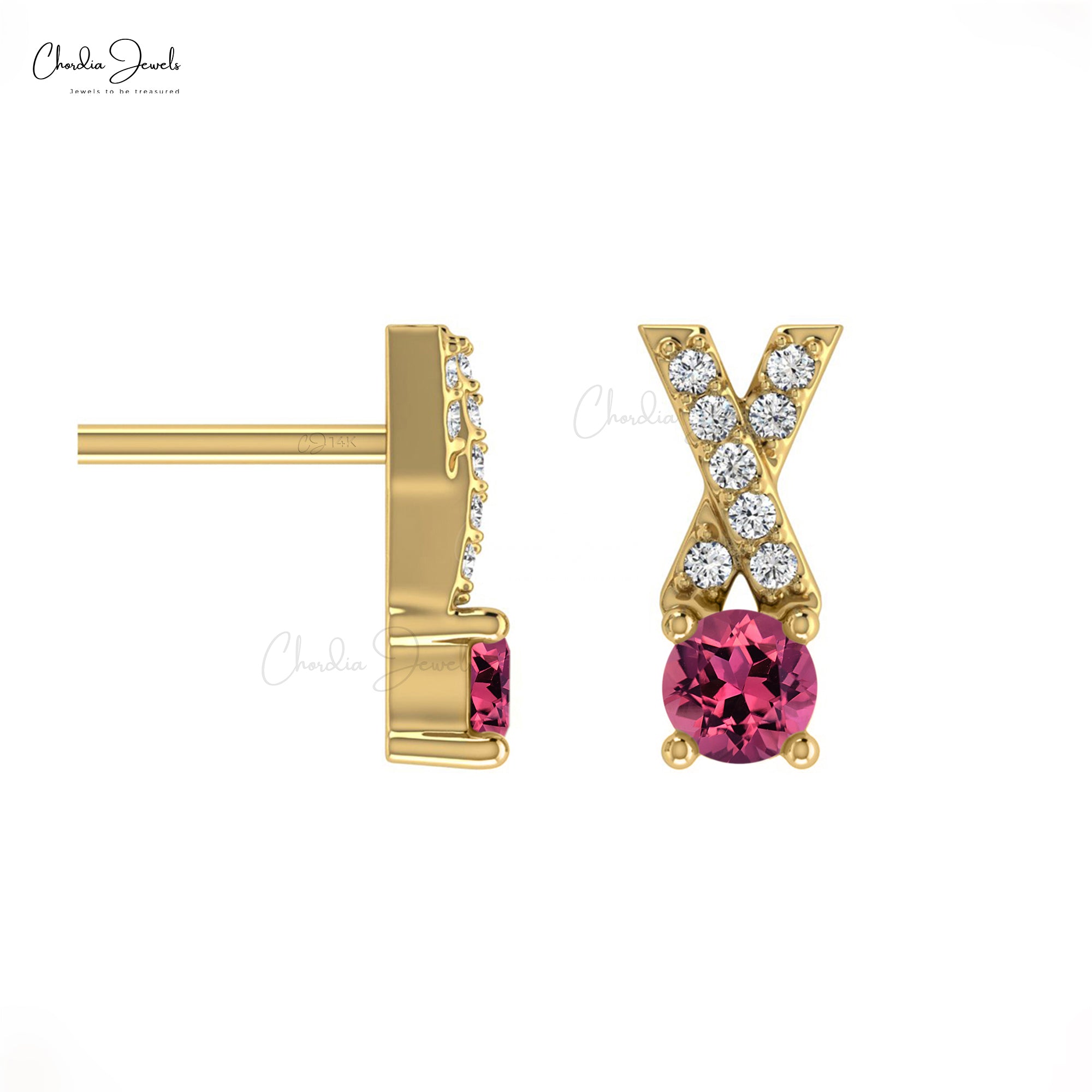 AAA Qaulity Pink Tourmaline Studs Earring In 14k Solid Gold With White Diamond Criss Cross Earring 5mm Round Cut Handmade Gemstone Earring For Women’s