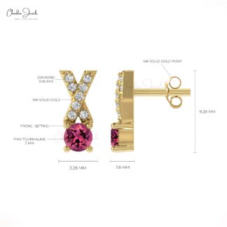 AAA Qaulity Pink Tourmaline Studs Earring In 14k Solid Gold With White Diamond Criss Cross Earring 5mm Round Cut Handmade Gemstone Earring For Women’s