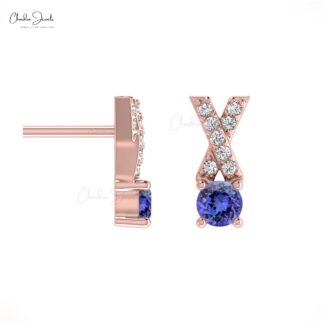 Natural Tanzanite 0.98ct & Diamond Earrings in 14k Solid Gold Mini Criss-Cross Studs For Gift