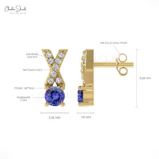 Natural Tanzanite 0.98ct & Diamond Earrings in 14k Solid Gold Mini Criss-Cross Studs For Gift