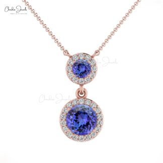 Double Halo Diamond Chain Necklace In 14k Solid Gold Tanzanite 0.6 Ct Gemstone Women Necklaces