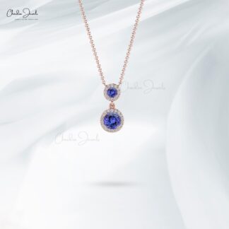 Double Halo Diamond Chain Necklace In 14k Solid Gold Tanzanite 0.6 Ct Gemstone Women Necklaces