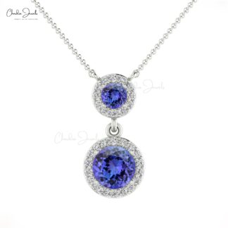 Double Halo Diamond Chain Necklace In 14k Solid Gold Tanzanite 0.6 Ct Gemstone Women Necklaces