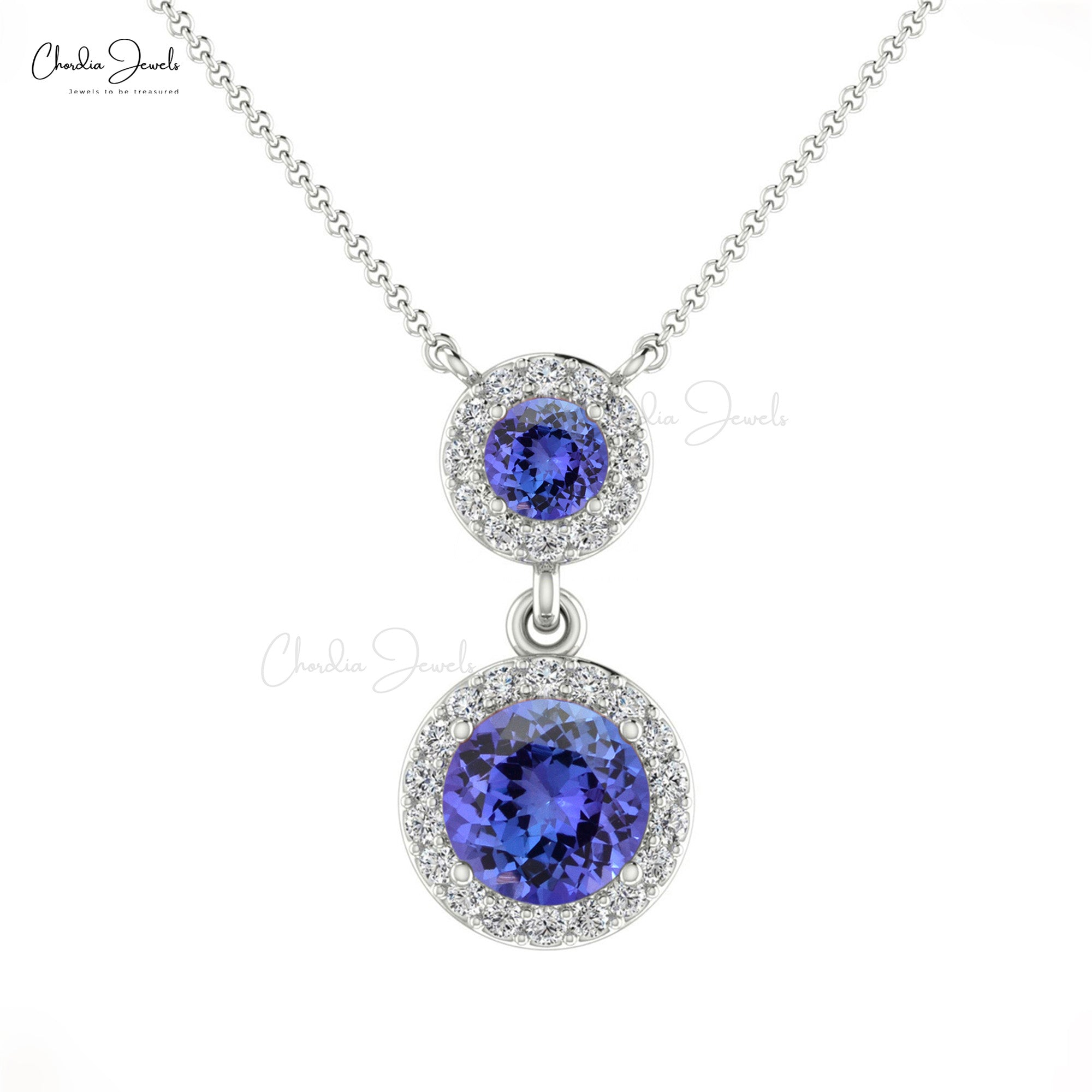 Double Halo Diamond Chain Necklace In 14k Solid Gold Tanzanite 0.6 Ct Gemstone Women Necklaces