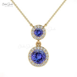 Double Halo Diamond Chain Necklace In 14k Solid Gold Tanzanite 0.6 Ct Gemstone Women Necklaces