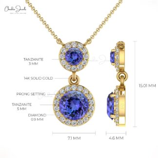 Double Halo Diamond Chain Necklace In 14k Solid Gold Tanzanite 0.6 Ct Gemstone Women Necklaces