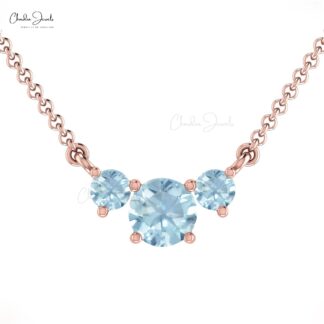 Solid 14k Gold 3 Stone Necklace In 0.69 Ct Aquamarine Gemstone Hallmarked Necklace
