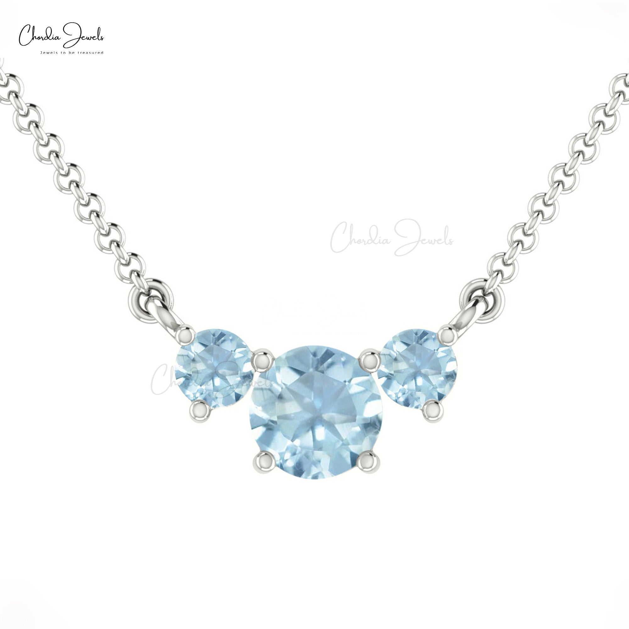 Solid 14k Gold 3 Stone Necklace In 0.69 Ct Aquamarine Gemstone Hallmarked Necklace