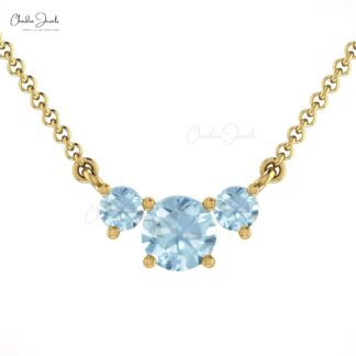 Solid 14k Gold 3 Stone Necklace In 0.69 Ct Aquamarine Gemstone Hallmarked Necklace