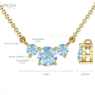 Solid 14k Gold 3 Stone Necklace In 0.69 Ct Aquamarine Gemstone Hallmarked Necklace