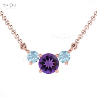Three-Stone Necklace In Solid 14k Gold Genuine Round Amethyst & Aquamarine Necklace For Women