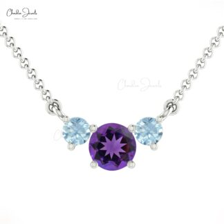 Three-Stone Necklace In Solid 14k Gold Genuine Round Amethyst & Aquamarine Necklace For Women