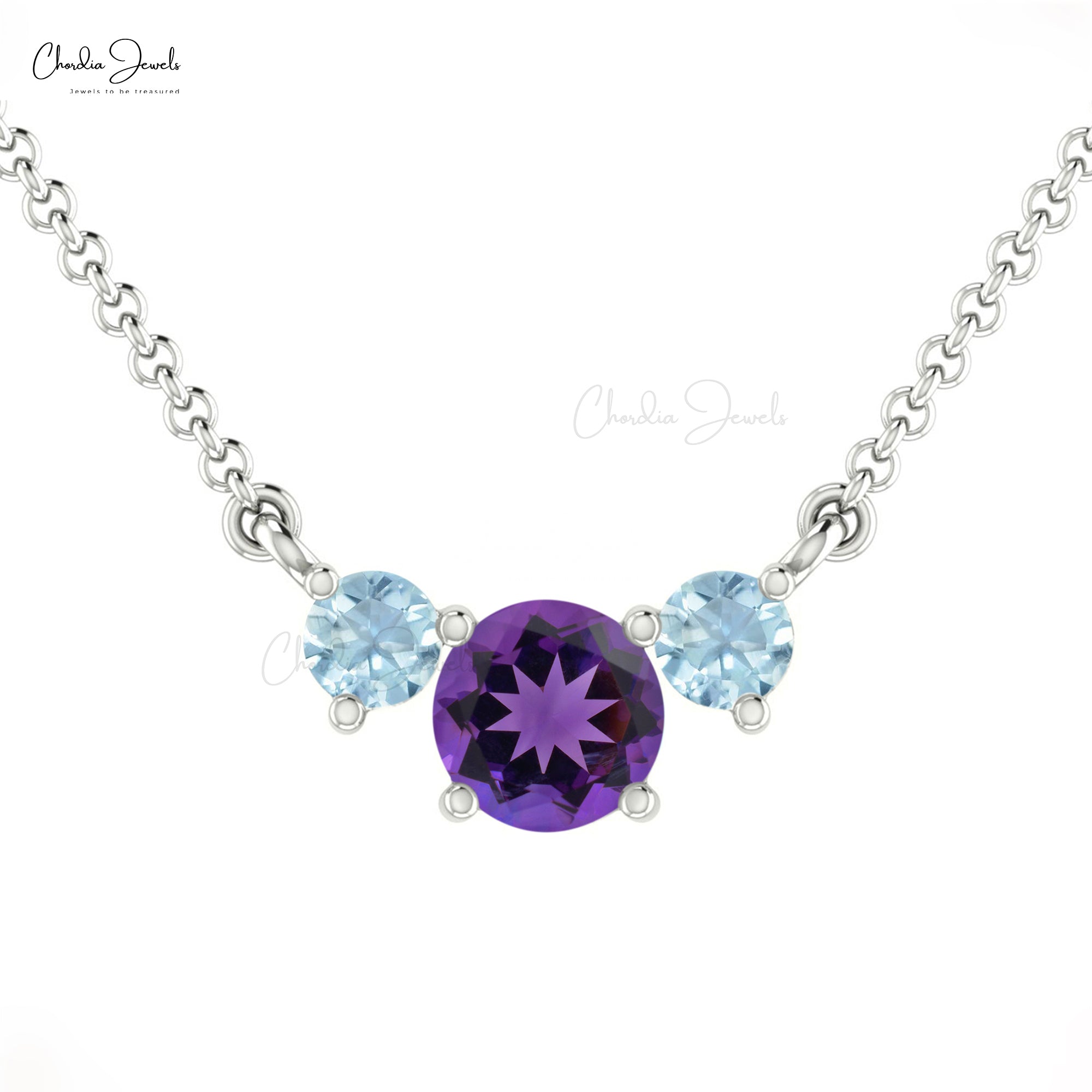 Three-Stone Necklace In Solid 14k Gold Genuine Round Amethyst & Aquamarine Necklace For Women