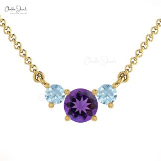 Three-Stone Necklace In Solid 14k Gold Genuine Round Amethyst & Aquamarine Necklace For Women