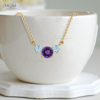 Three-Stone Necklace In Solid 14k Gold Genuine Round Amethyst & Aquamarine Necklace For Women