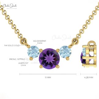 Three-Stone Necklace In Solid 14k Gold Genuine Round Amethyst & Aquamarine Necklace For Women