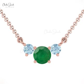 Natural Round Emerald & Aquamarine Trilogy Necklace 14k Solid Gold Fine Gemstone Necklace For Her