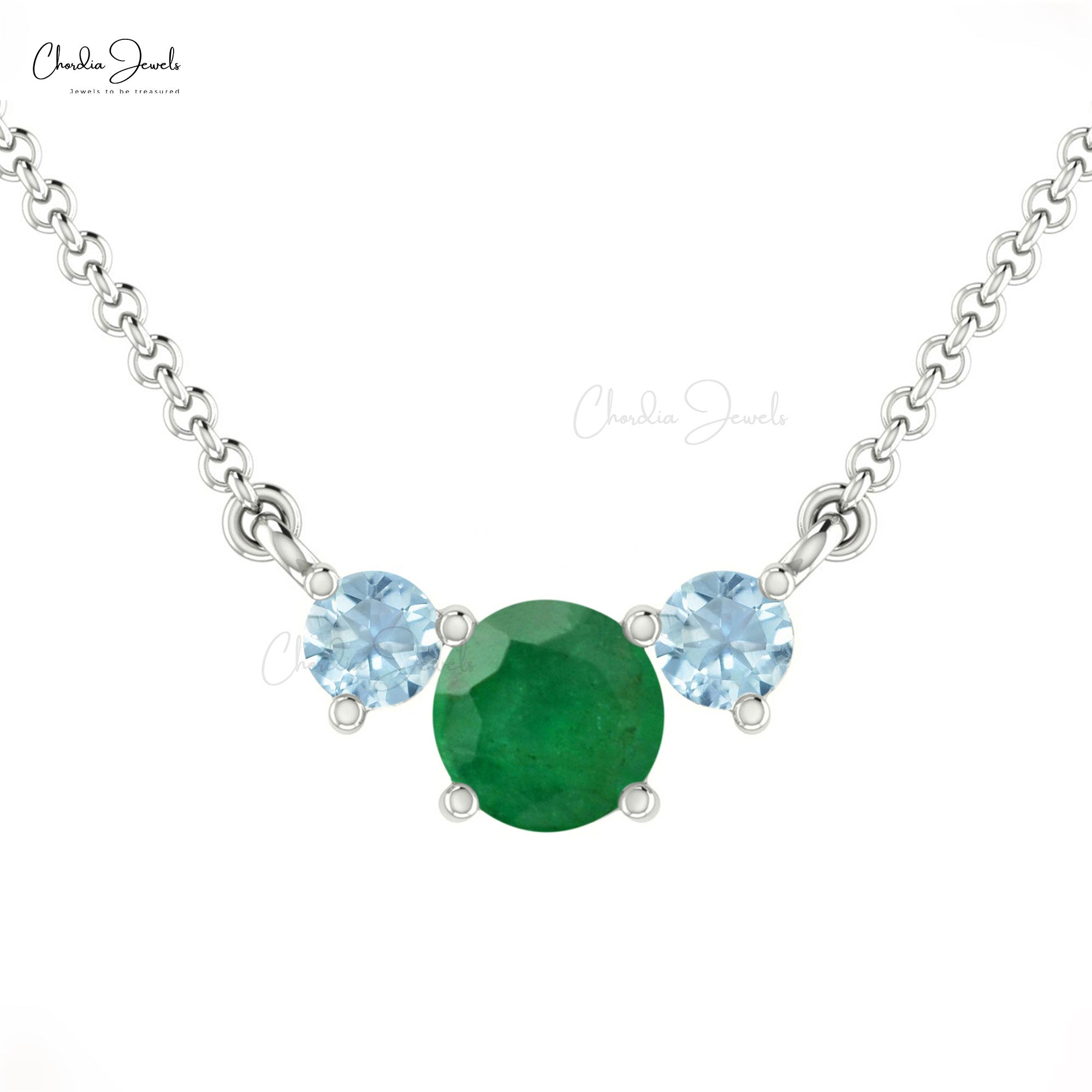 Natural Round Emerald & Aquamarine Trilogy Necklace 14k Solid Gold Fine Gemstone Necklace For Her