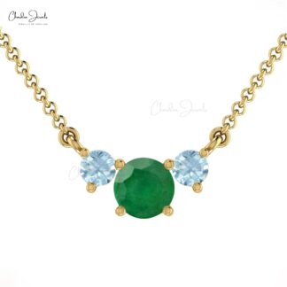Natural Round Emerald & Aquamarine Trilogy Necklace 14k Solid Gold Fine Gemstone Necklace For Her