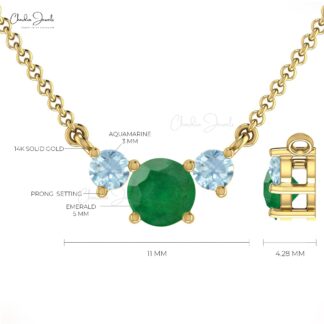 Natural Round Emerald & Aquamarine Trilogy Necklace 14k Solid Gold Fine Gemstone Necklace For Her