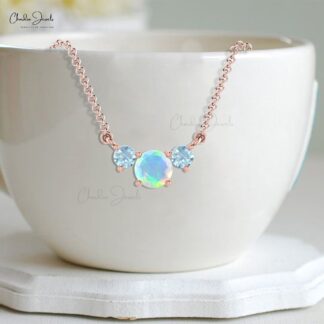 Triple Brilliant Cut Chain Necklace in Pure 14k Gold Fire Opal And Aquamarine Necklaces