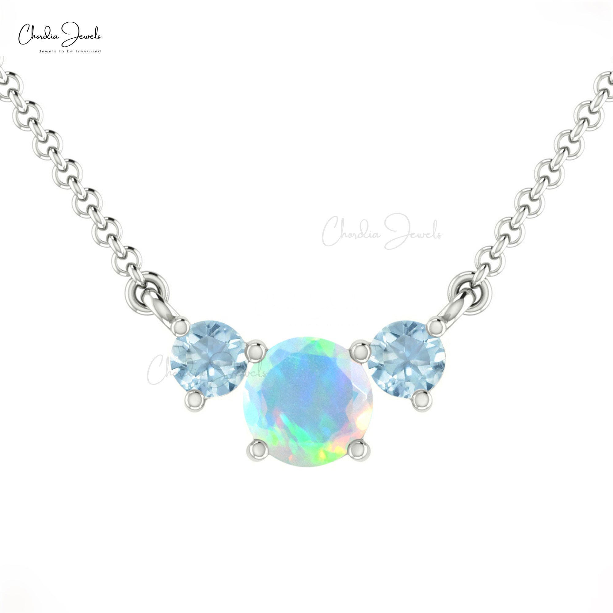Triple Brilliant Cut Chain Necklace in Pure 14k Gold Fire Opal And Aquamarine Necklaces