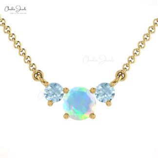 Triple Brilliant Cut Chain Necklace in Pure 14k Gold Fire Opal And Aquamarine Necklaces