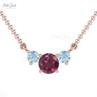 Trilogy Unique Necklace With 5mm Rhodolite Garnet And Aquamarine 14k Real Gold Necklaces