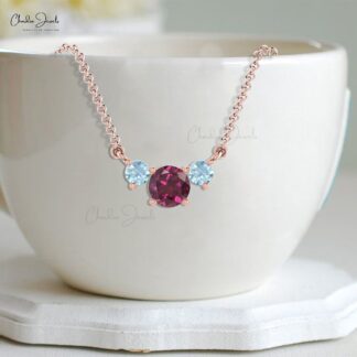 Trilogy Unique Necklace With 5mm Rhodolite Garnet And Aquamarine 14k Real Gold Necklaces