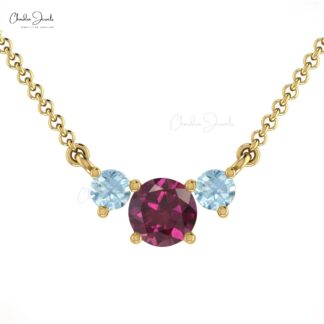 Trilogy Unique Necklace With 5mm Rhodolite Garnet And Aquamarine 14k Real Gold Necklaces
