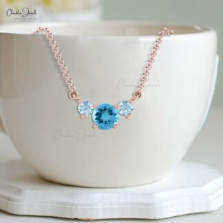 Solid 14k Gold Three Stone Necklace Genuine Swiss Blue Topaz & Aquamarine Prong Set Necklace