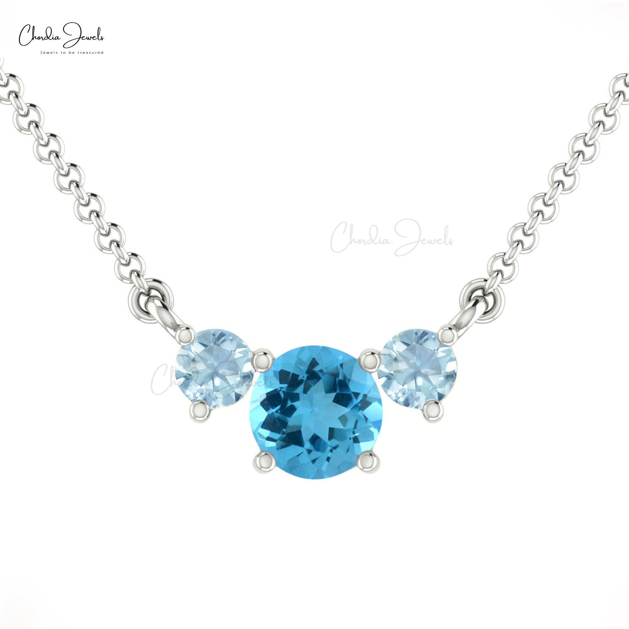 Solid 14k Gold Three Stone Necklace Genuine Swiss Blue Topaz & Aquamarine Prong Set Necklace