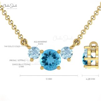 Solid 14k Gold Three Stone Necklace Genuine Swiss Blue Topaz & Aquamarine Prong Set Necklace