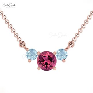 Round Pink Tourmaline & Aquamarine Necklace With 0.69 Ct Gemstone 14k Real Gold Jewelry