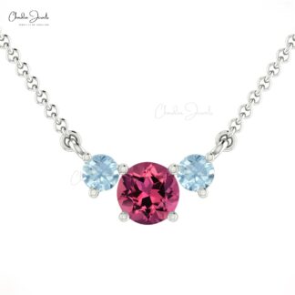 Round Pink Tourmaline & Aquamarine Necklace With 0.69 Ct Gemstone 14k Real Gold Jewelry