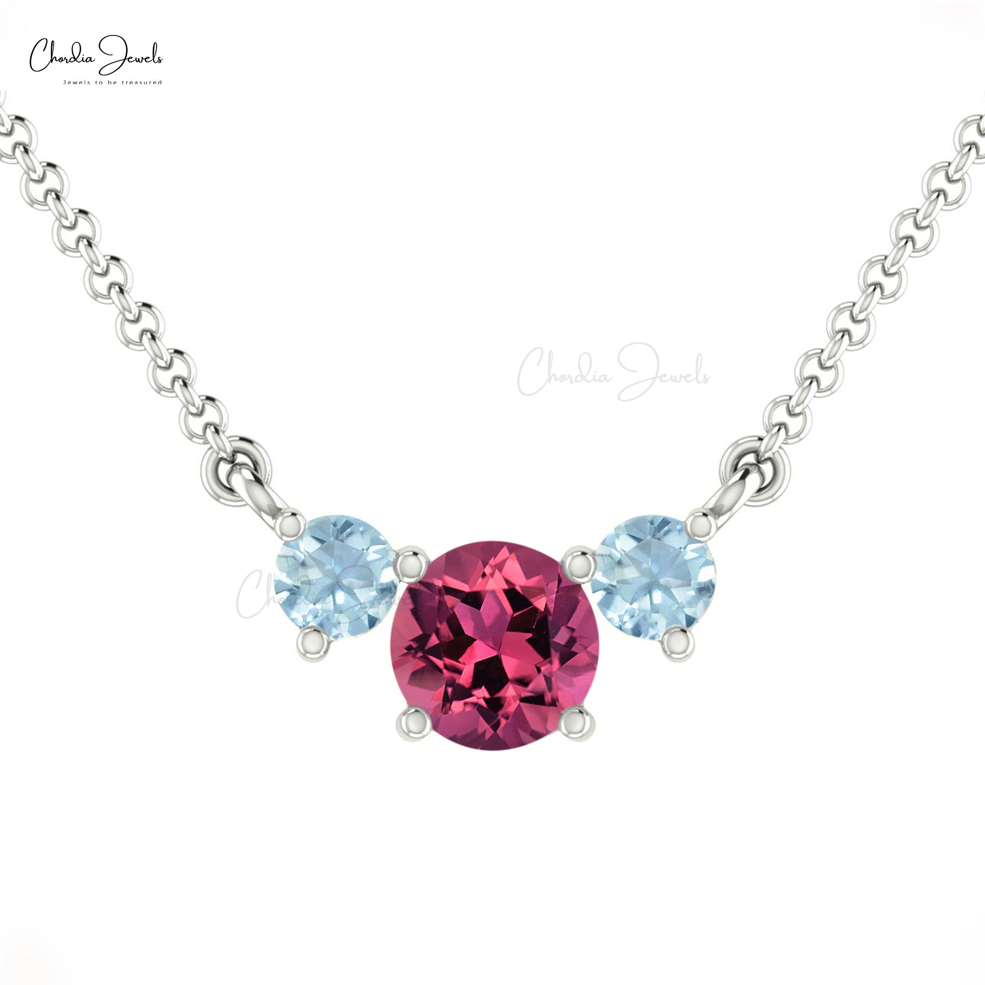 Round Pink Tourmaline & Aquamarine Necklace With 0.69 Ct Gemstone 14k Real Gold Jewelry