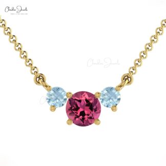 Round Pink Tourmaline & Aquamarine Necklace With 0.69 Ct Gemstone 14k Real Gold Jewelry