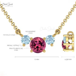 Round Pink Tourmaline & Aquamarine Necklace With 0.69 Ct Gemstone 14k Real Gold Jewelry
