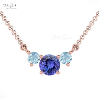 Three Stone Necklace in 14k Solid Gold Tanzanite And 3mm Aquamarine Bridal Fine Jewelry