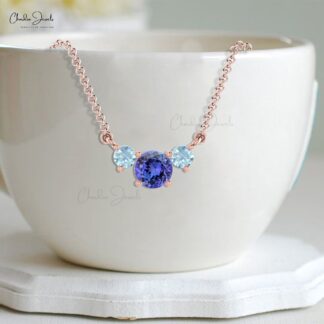 Three Stone Necklace in 14k Solid Gold Tanzanite And 3mm Aquamarine Bridal Fine Jewelry