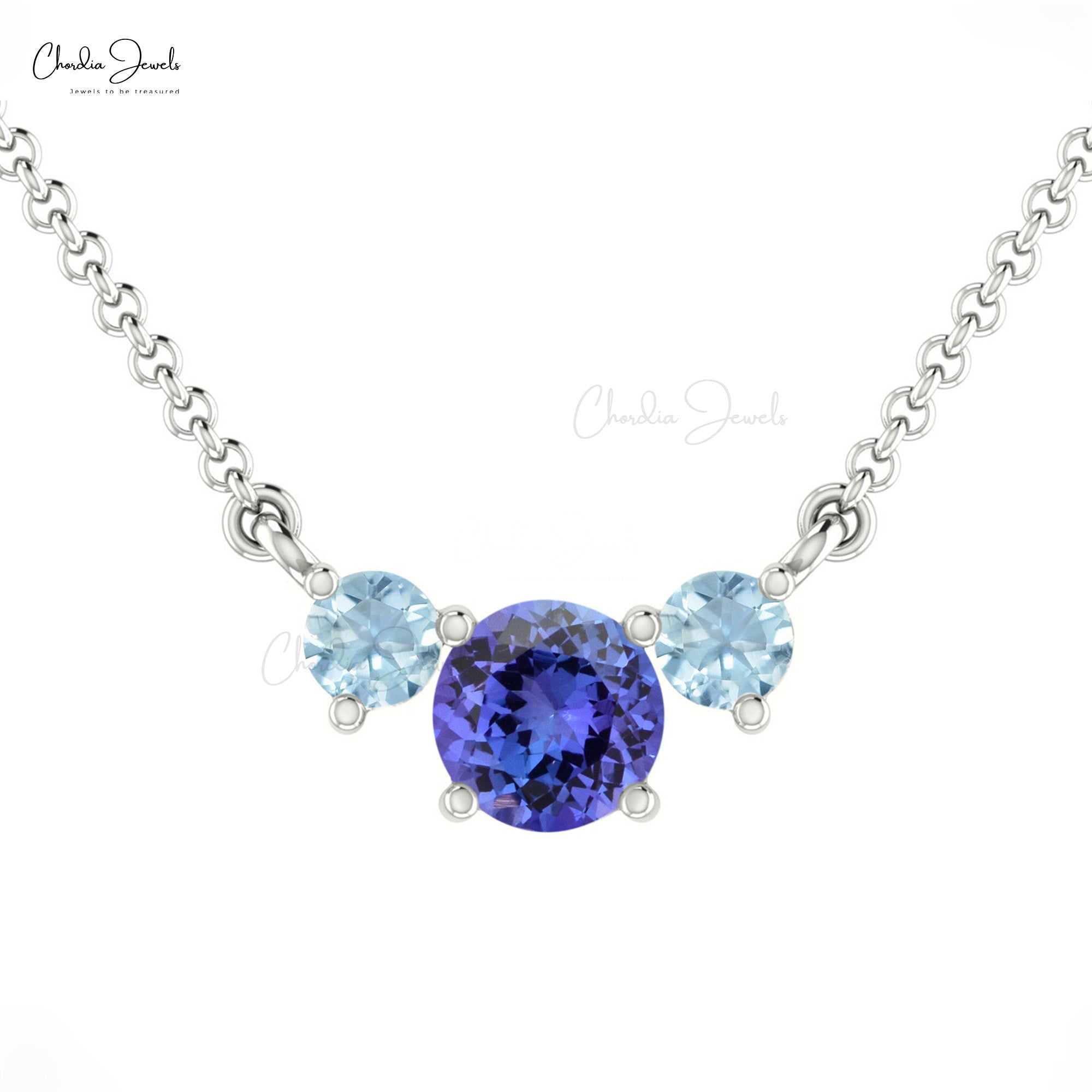 Three Stone Necklace in 14k Solid Gold Tanzanite And 3mm Aquamarine Bridal Fine Jewelry