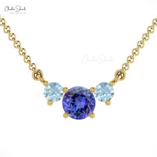 Three Stone Necklace in 14k Solid Gold Tanzanite And 3mm Aquamarine Bridal Fine Jewelry