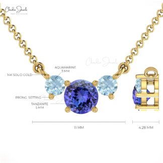 Three Stone Necklace in 14k Solid Gold Tanzanite And 3mm Aquamarine Bridal Fine Jewelry