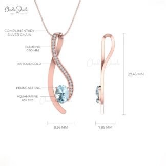 Top Quality Aquamarine Curve Pendant in 14K Solid Gold with Diamond