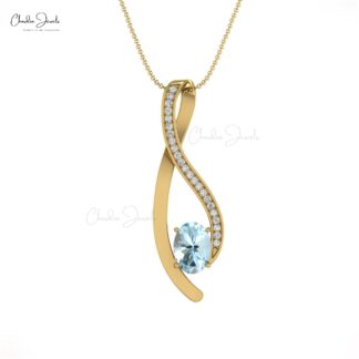 Top Quality Aquamarine Curve Pendant in 14K Solid Gold with Diamond