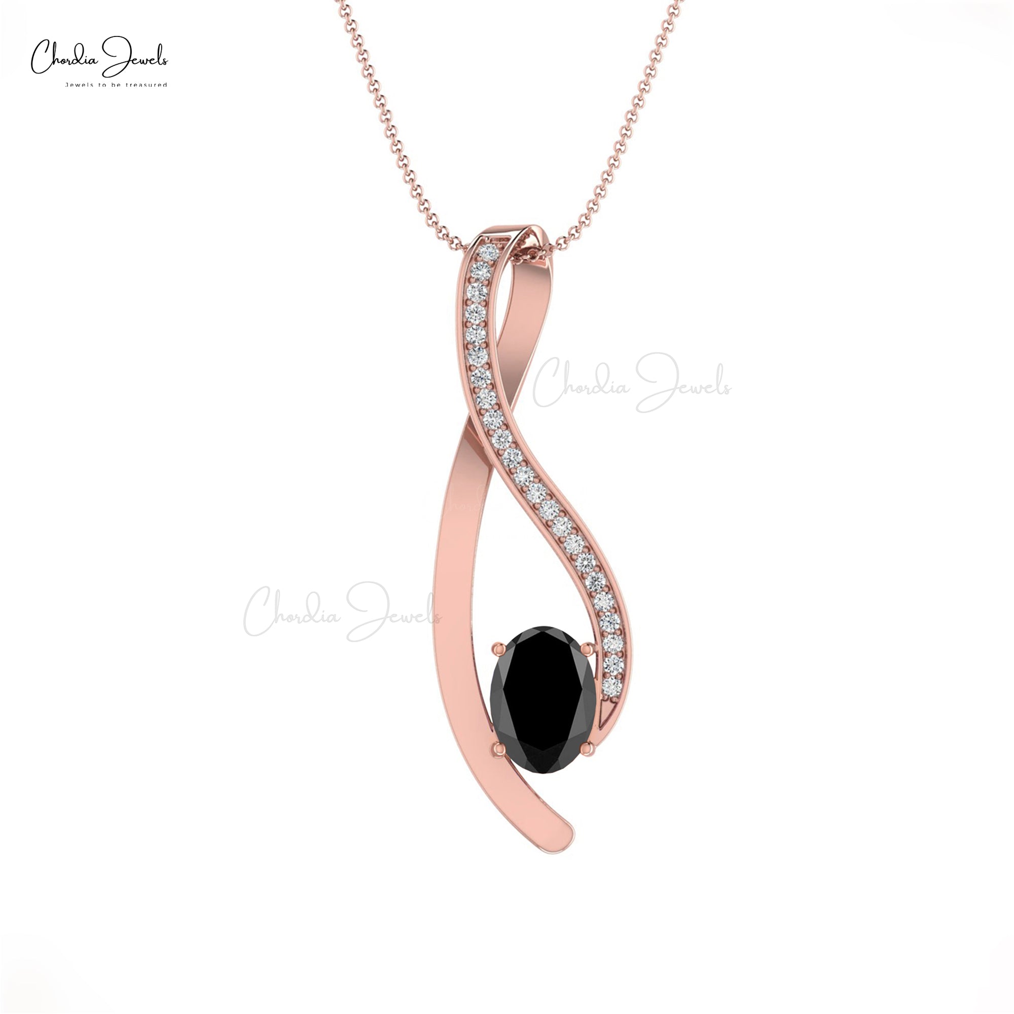 Oval Black Diamond Curved Pendant with 14k Solid Gold Pave Diamond Fine Jewelry